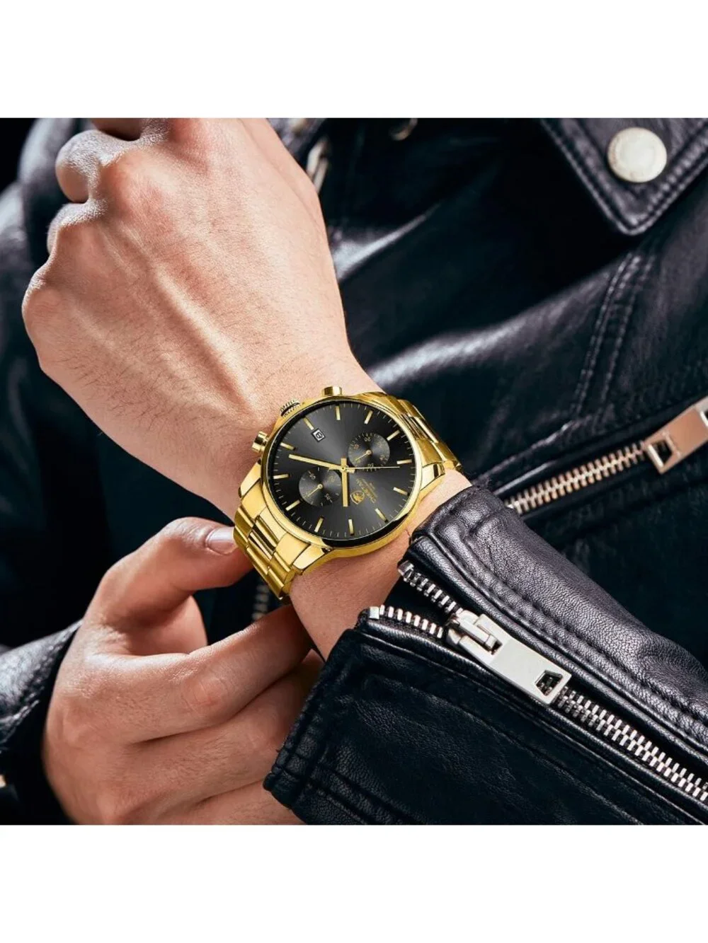 Men's Gold Black Stainless Steel Waterproof Chronograph Quartz Wrist Watch